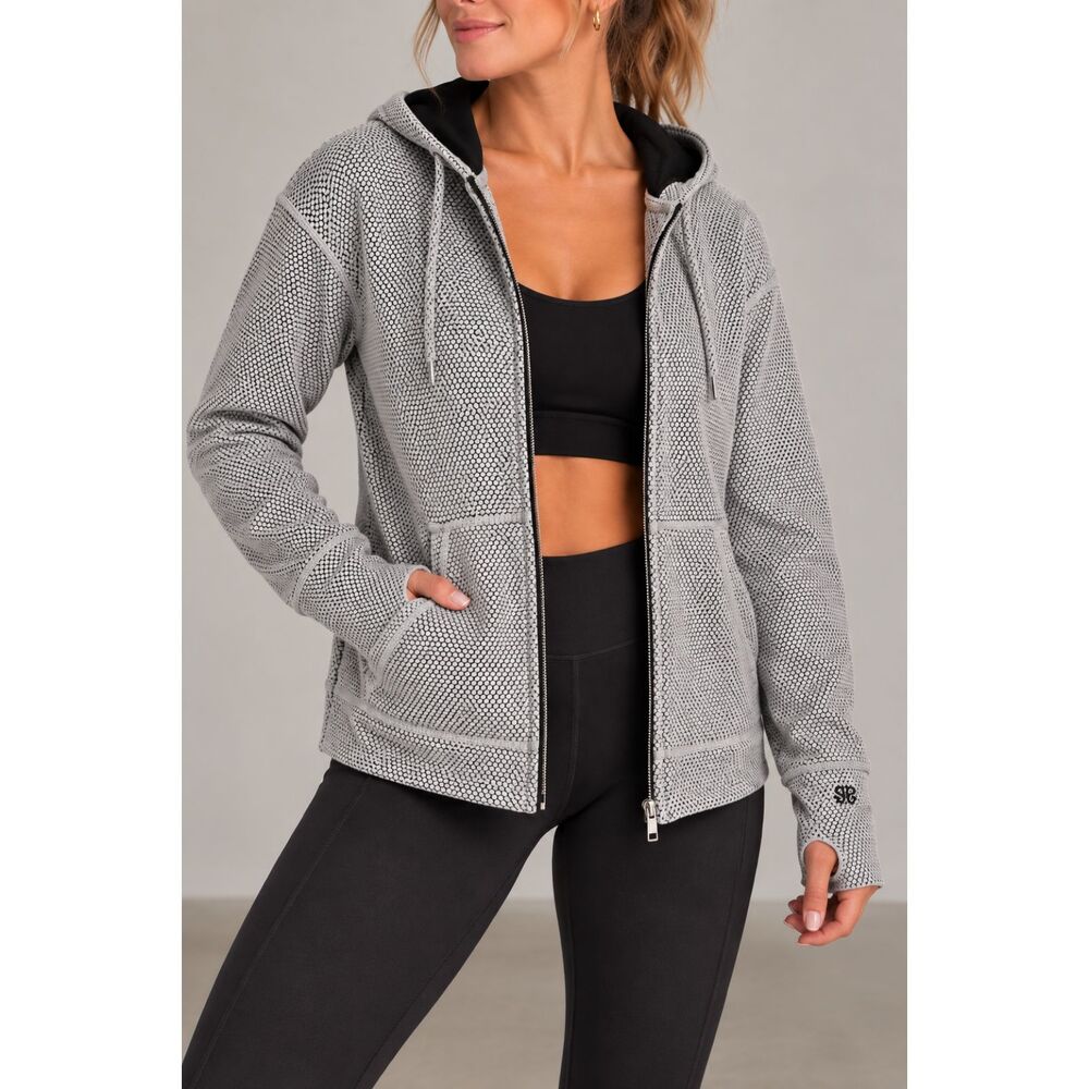 Albion Fit Honeycomb Zip Up Hoodie Women’s L Gray Black Thumbholes Jacket